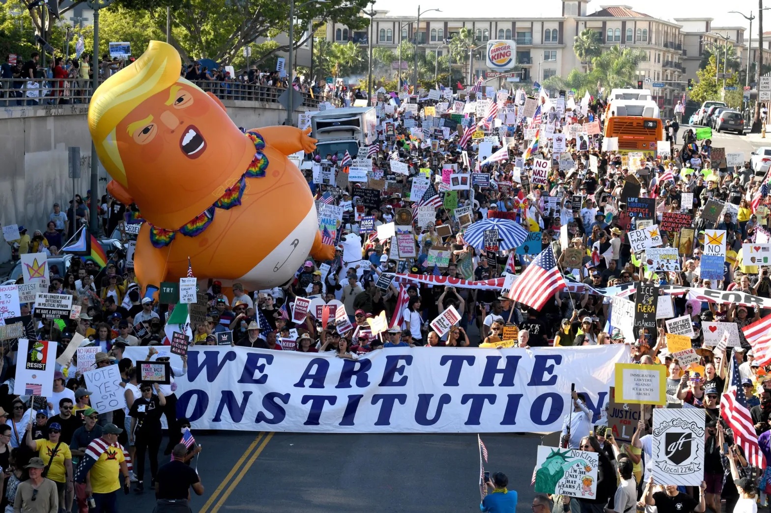 No Kings march with baby Trump balloon